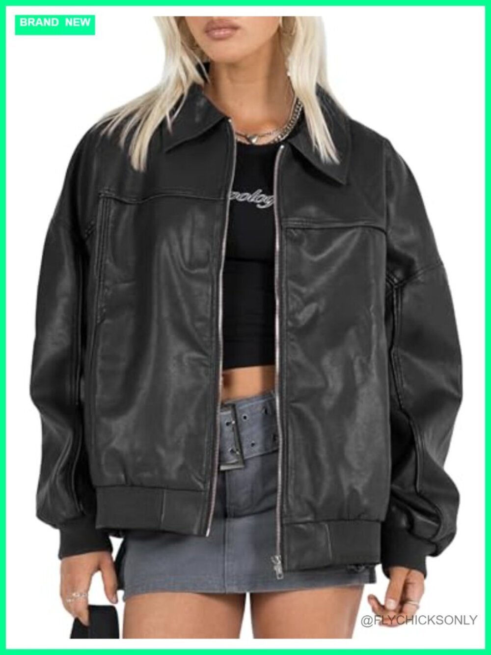Oversized Faux Leather Boyfriend Bomber Jacket Full Zip Motorcycle Coat